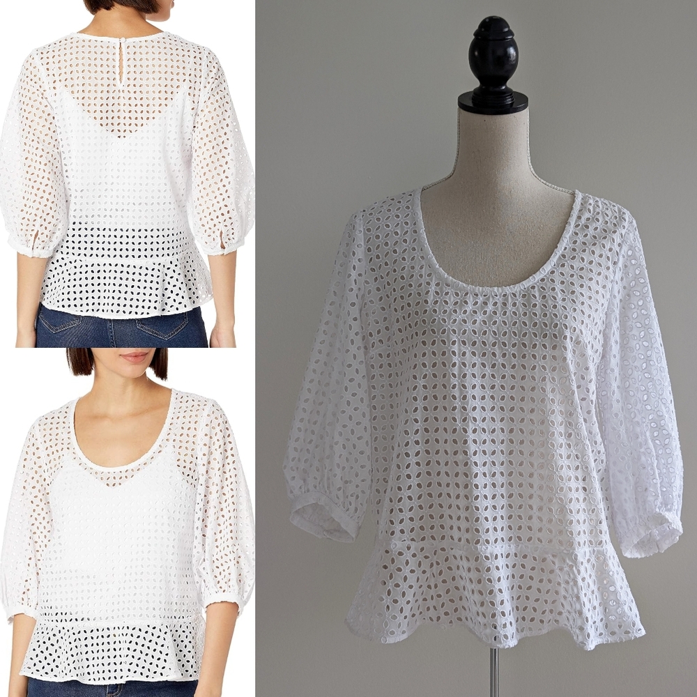 New Club Monaco White Eyelet 3/4 Sleeve Top